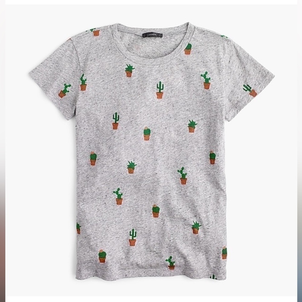 J. Crew Heather Gray Short Sleeve Tee with Green Cactus Motif